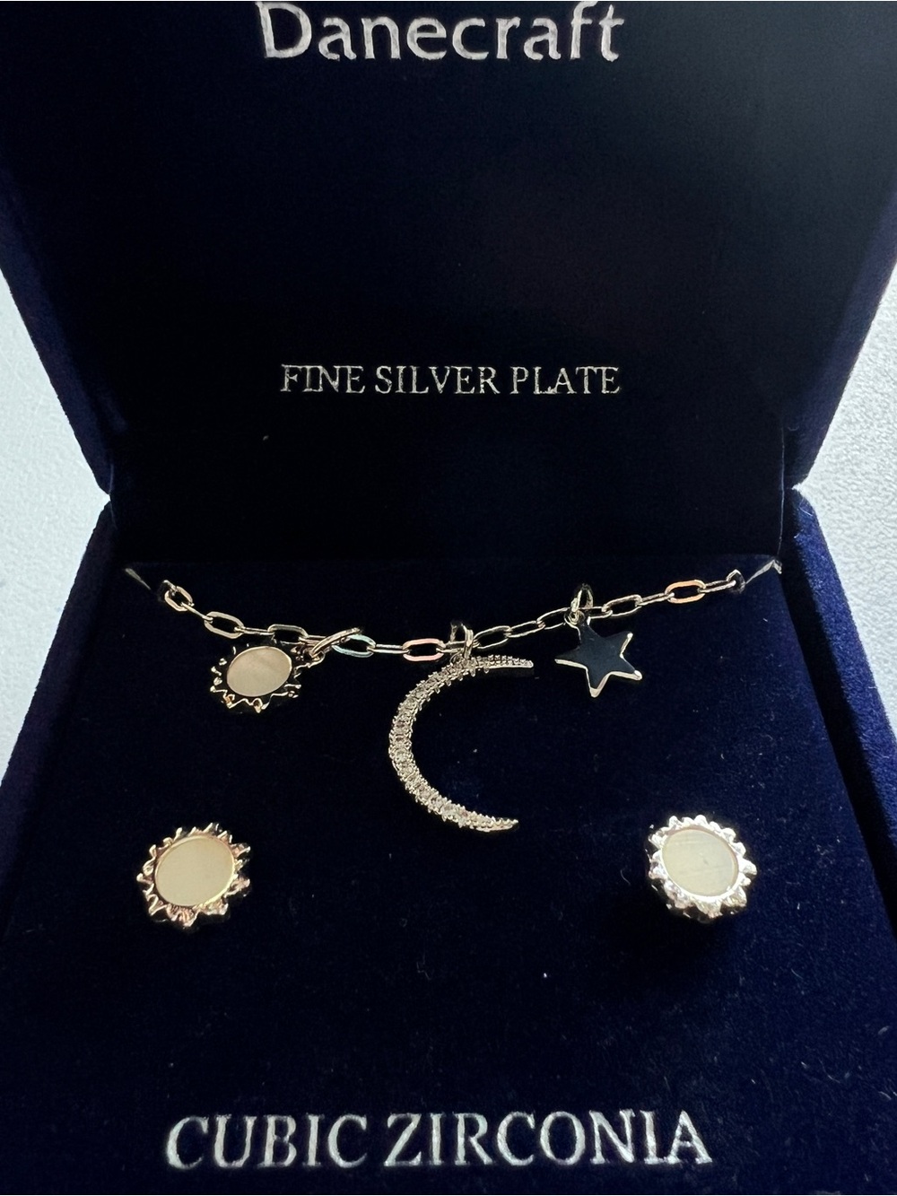 Silver Plated Celestial Moon & Star Necklace with Sun Stud Earrings NWB